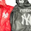 NY Yankees Letterman Varsity Leather Jacket with Removeable Hood - Red And Black