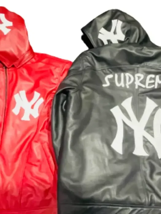 NY Yankees Letterman Varsity Leather Jacket with Removeable Hood - Red And Black