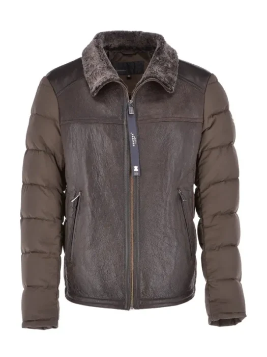 Olive Leather Sheepskin And Padded Material Jacket