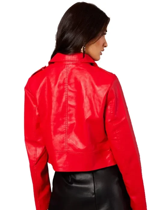 Red Faux Leather Biker Jacket Back