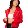 Red Faux Leather Biker Jacket Long Sleeves