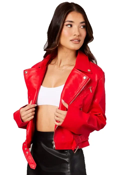 Red Faux Leather Biker Jacket Long Sleeves