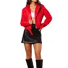 Red Faux Long Sleeves Leather Biker Jacket