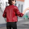 Red Genuine Sheepskin Shoulder Epaulets Moto Biker Racer Jacket Back