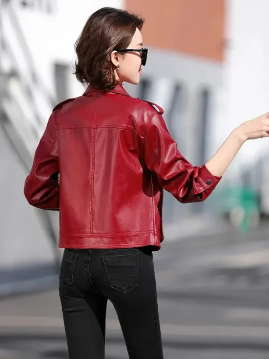 Red Genuine Sheepskin Shoulder Epaulets Moto Biker Racer Jacket Back