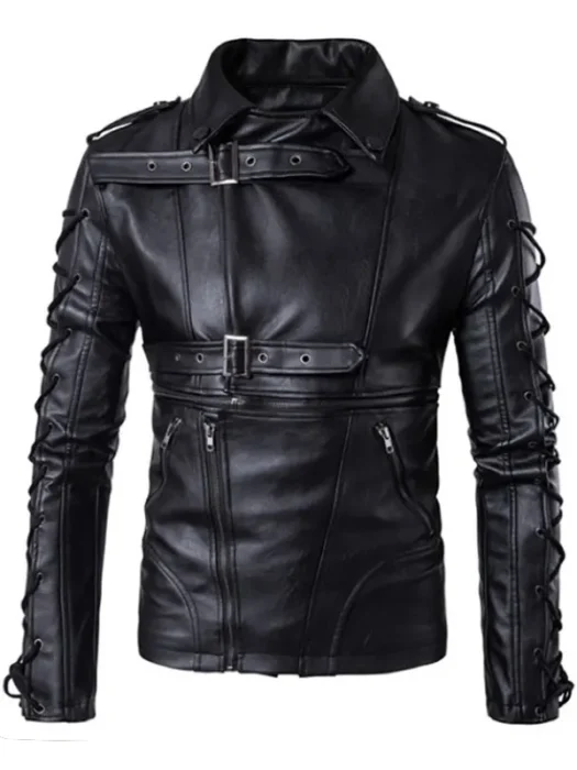 Slim Fit Black Biker Leather Lace up Jacket