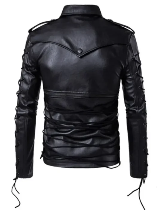 Slim Fit Black Biker Leather Lace up Jacket Back