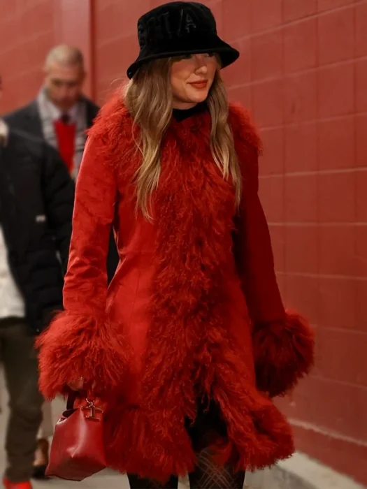 Taylor Swift Faux Fur Red Suede Coat