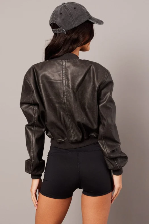 Washed Crop Faux Leather Brown Bomber Jacket Back