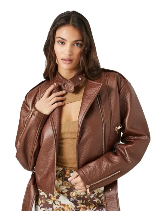 Women Belted Faux Leather Moto Jacket