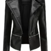 Women Biker Style Black Detachable Hem Leather Jacket