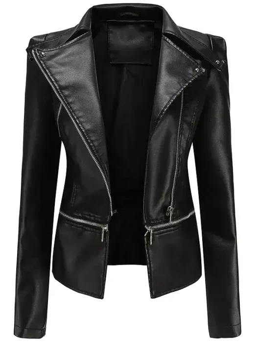 Women Biker Style Black Detachable Hem Leather Jacket