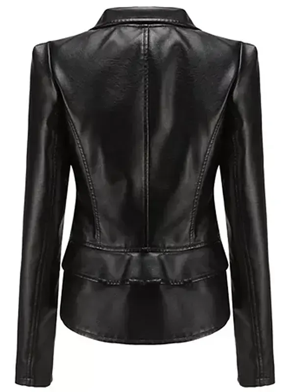 Women Biker Style Black Detachable Hem Leather Jacket Back