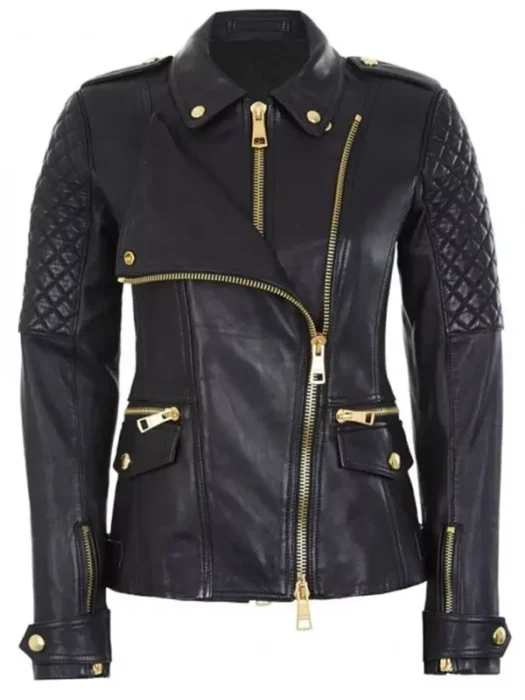 Women Biker Style Black Double Zipper Leather Jacket