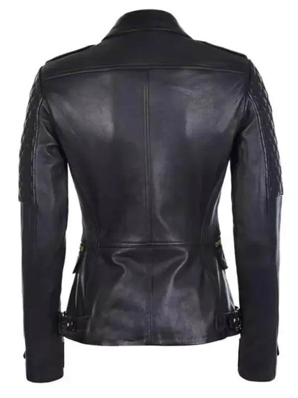 Women Biker Style Black Double Zipper Leather Jacket Back