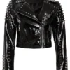 Women Biker Style Black Studded Faux Leather Jacket