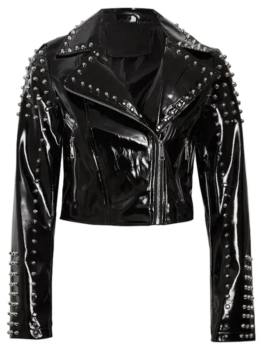 Women Biker Style Black Studded Faux Leather Jacket