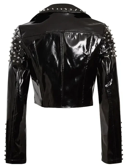 Women Biker Style Black Studded Faux Leather Jacket Back