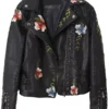 Women Biker Style Flower Embroidered Leather Jacket