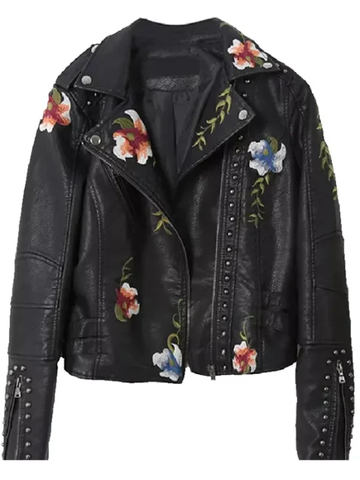 Women Biker Style Flower Embroidered Leather Jacket