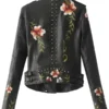 Women Biker Style Flower Embroidered Leather Jacket Back