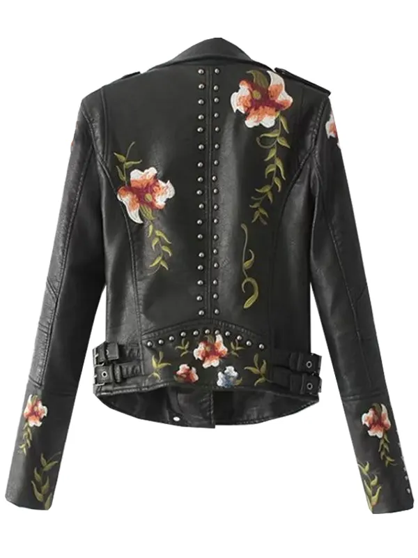 Women Biker Style Flower Embroidered Leather Jacket Back