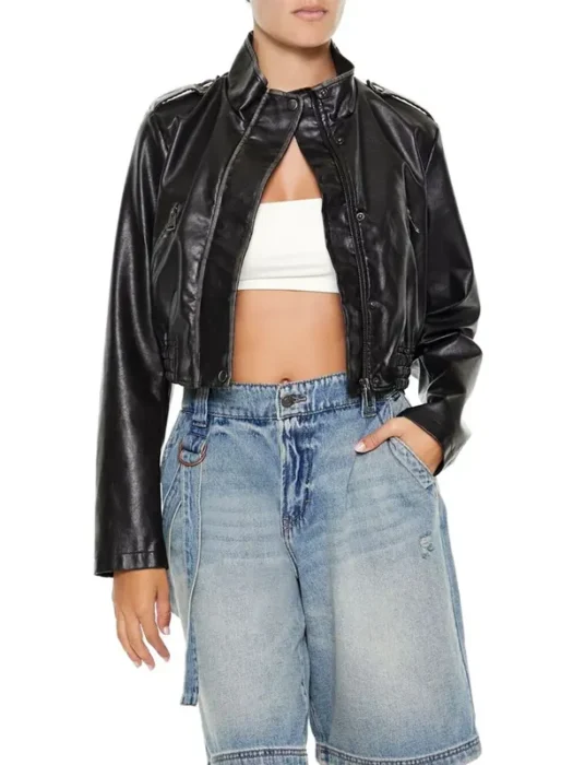 Women Cropped Faux Leather Moto Jacket