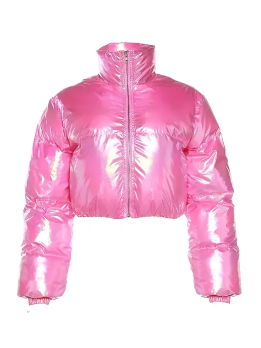 Women Cropped Tops Sexy Fashion Hot Pink Puffer Jacket