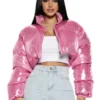 Women Cropped Tops Sexy Fashion Pink Puffer Jacket