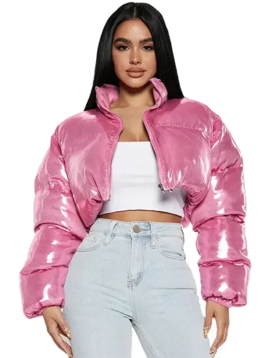 Women Cropped Tops Sexy Fashion Pink Puffer Jacket