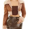 Women Faux Fur-Trim Cropped Brown Moto Jacket