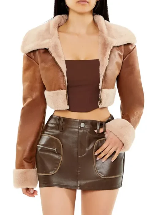 Women Faux Fur-Trim Cropped Brown Moto Jacket