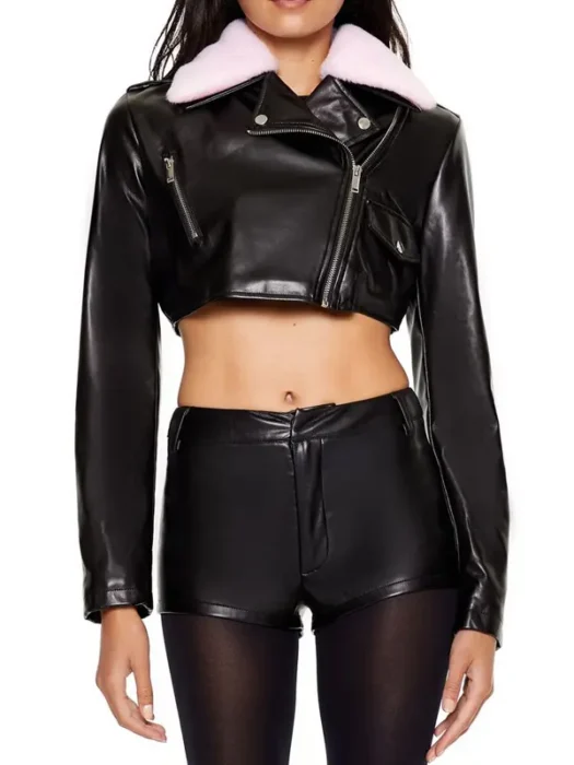 Women Faux Fur-Trim Cropped Moto Jacket