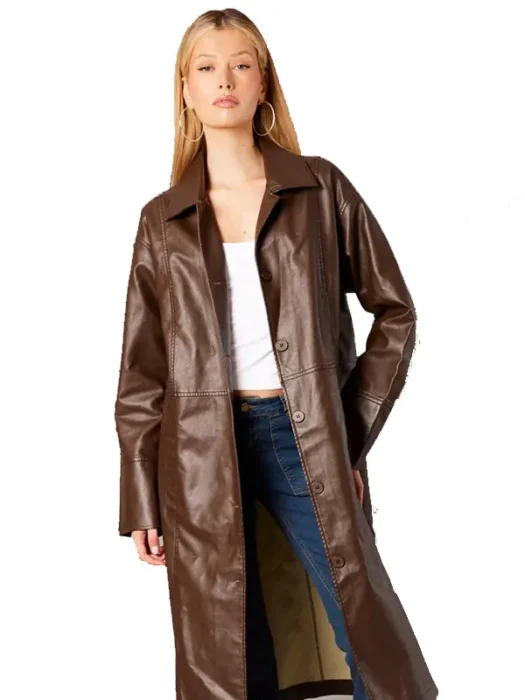 Women Faux Leather Brown Coat