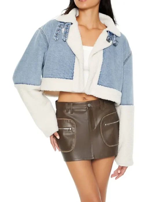 Women Faux Shearling Denim Moto Jacket