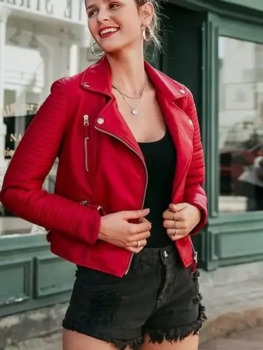 Women Genuine Lambskin Red Motorcycle Real Leather Jacket