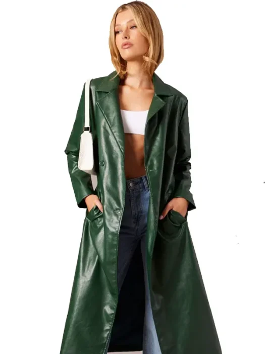 Women Green Trench Faux Leather Coat