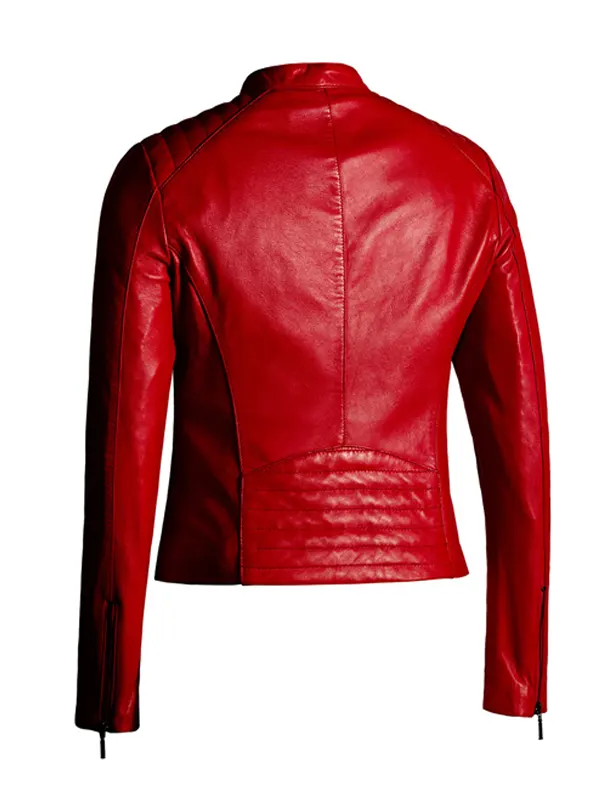 Women Moto Fashion Red Leather Jacket Back