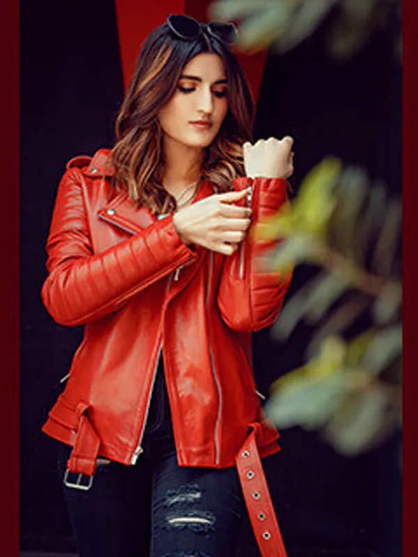 Women Red Elegant Biker Leather Jacket