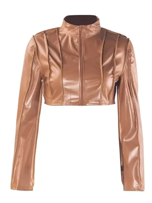 Women Sexy V Neck Faux Cropped Leather Jacket