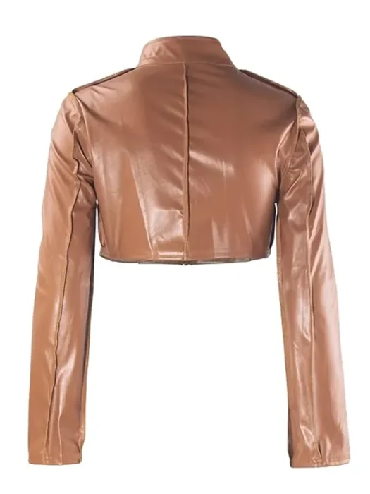 Women Sexy V Neck Faux Leather Cropped Jacket Back