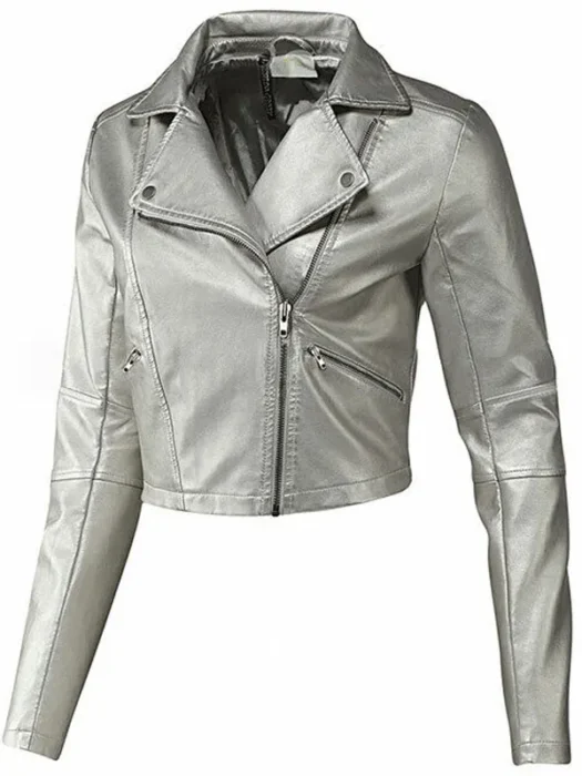 Women Slim Fit Silver Leather Biker Jacket