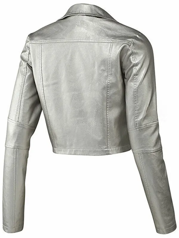 Women Slim Fit Silver Leather Biker Jacket Back