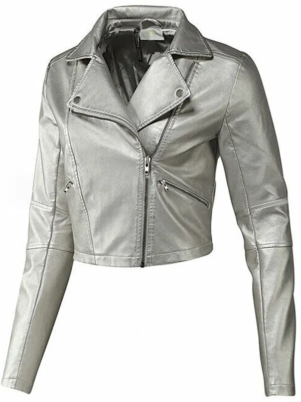 Women Slim Fit Silver Leather Biker Jacket