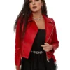 Women Street Zip Up Belted Red Moto Leather Jacket