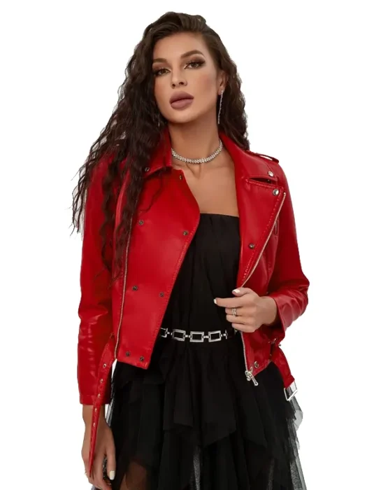 Women Street Zip Up Belted Red Moto Leather Jacket