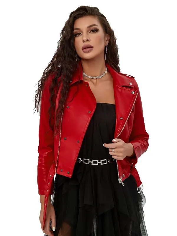 Women Street Zip Up Belted Red Moto Leather Jacket
