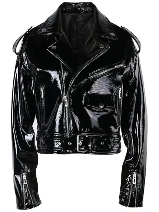 Women Stylish Black Patent Leather Biker Jacket