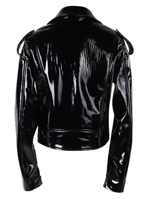 Women Stylish Black Patent Leather Biker Jacket Back