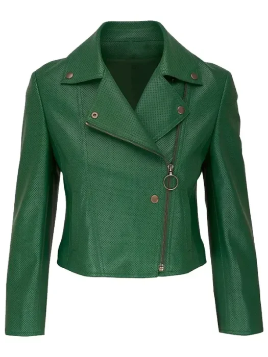 Women Stylish Green Perforated Biker Jacket